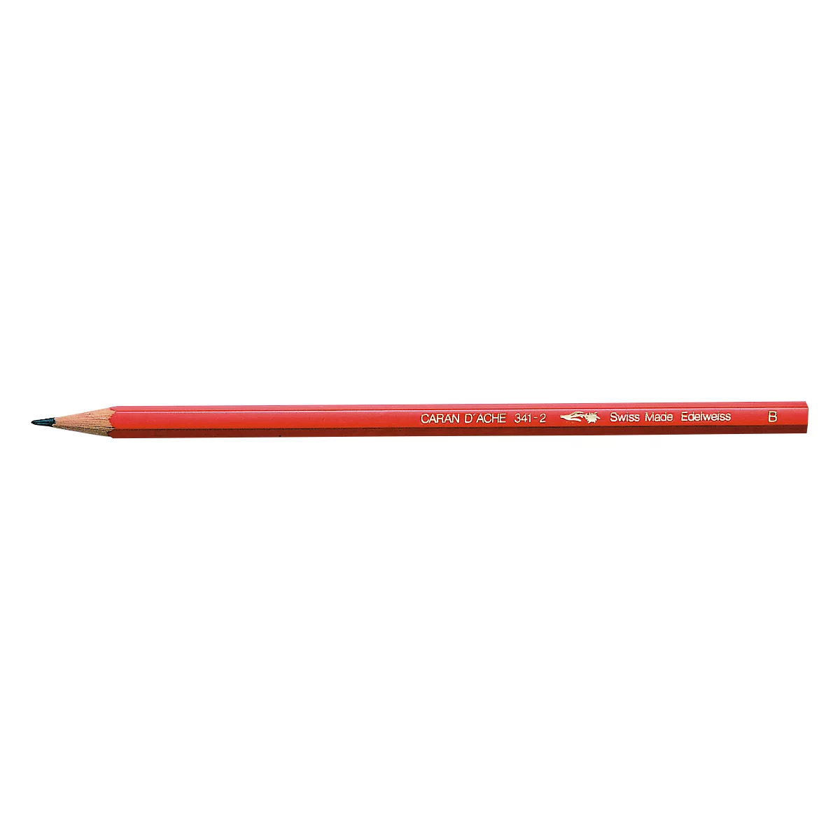 A red pencil that tapers to a point. Text can be seen on the pencil.