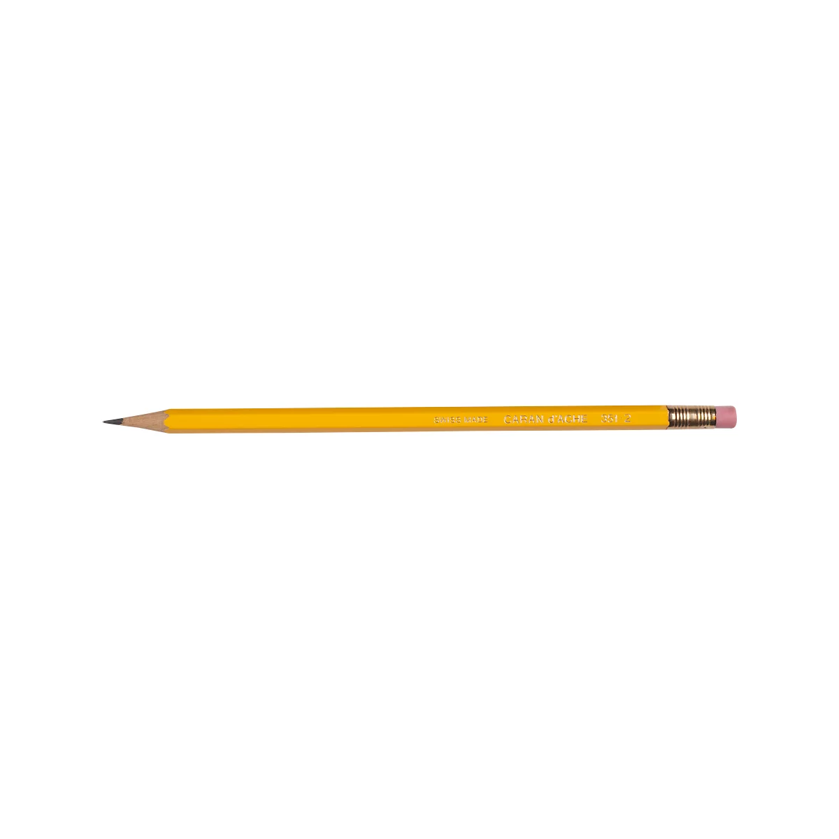 Yellow pencil, tapering to a point with a pink eraser.