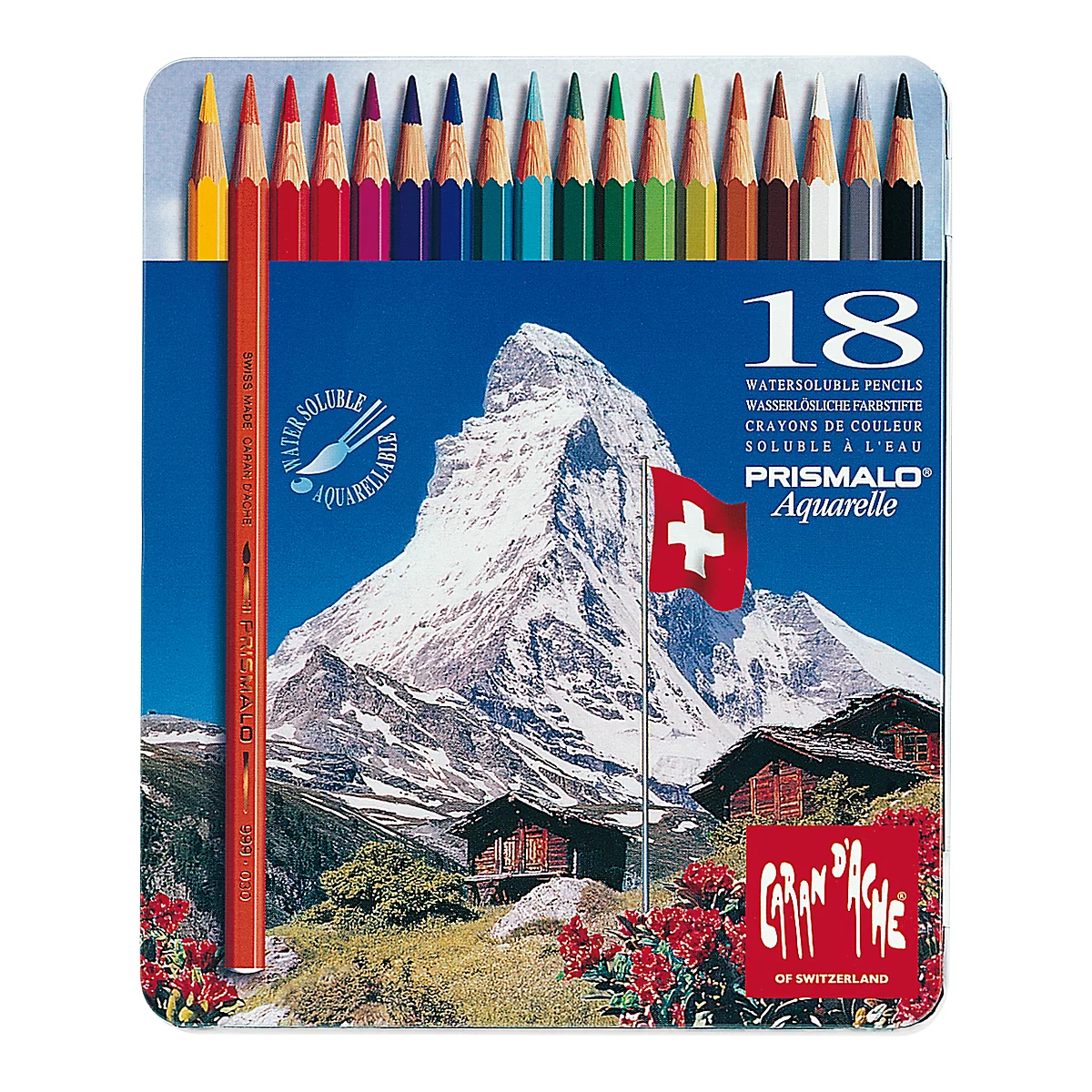 Colored pencils in a box with a Swiss mountain scene. A pencil says "Water soluble".