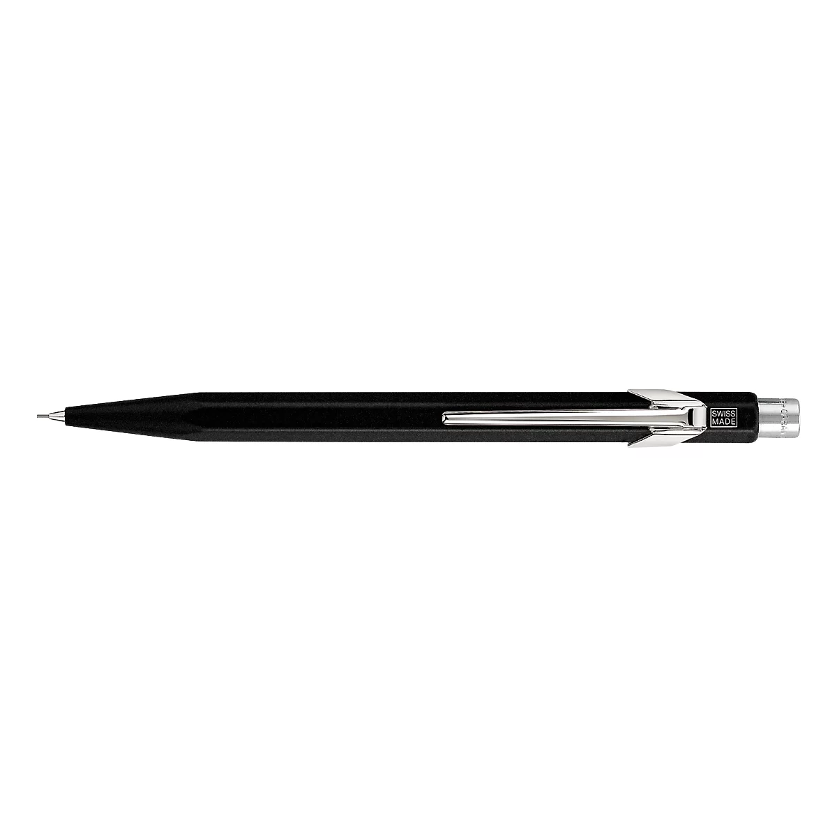 Black ballpoint pen with silver clip. The tip is also silver.