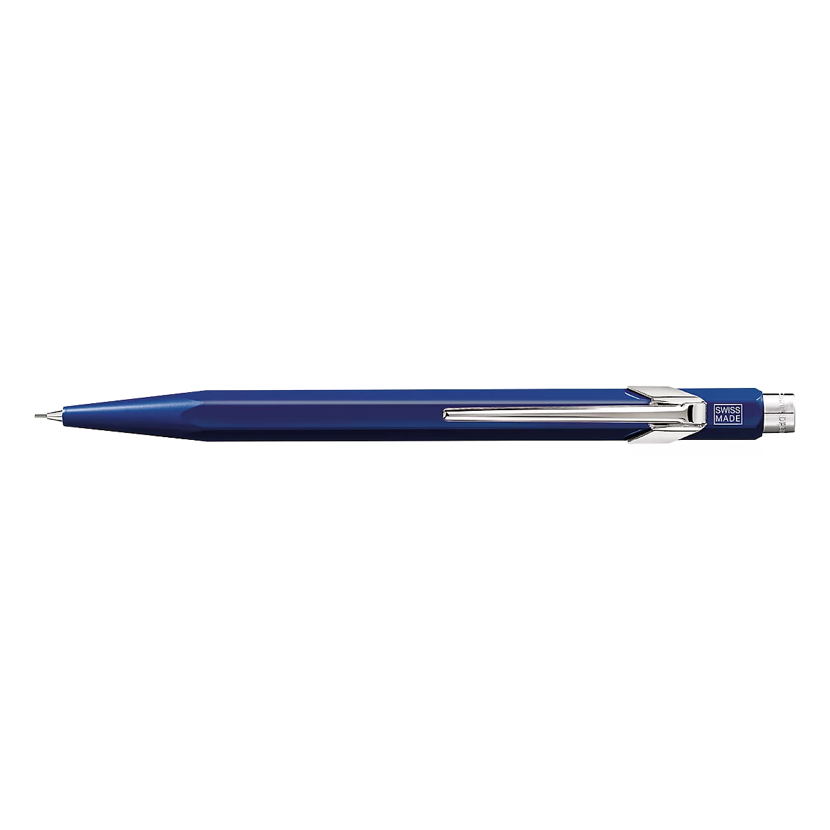 A blue ballpoint pen with silver accents. The pen shows a clear design, with a glossy finish and a clip.