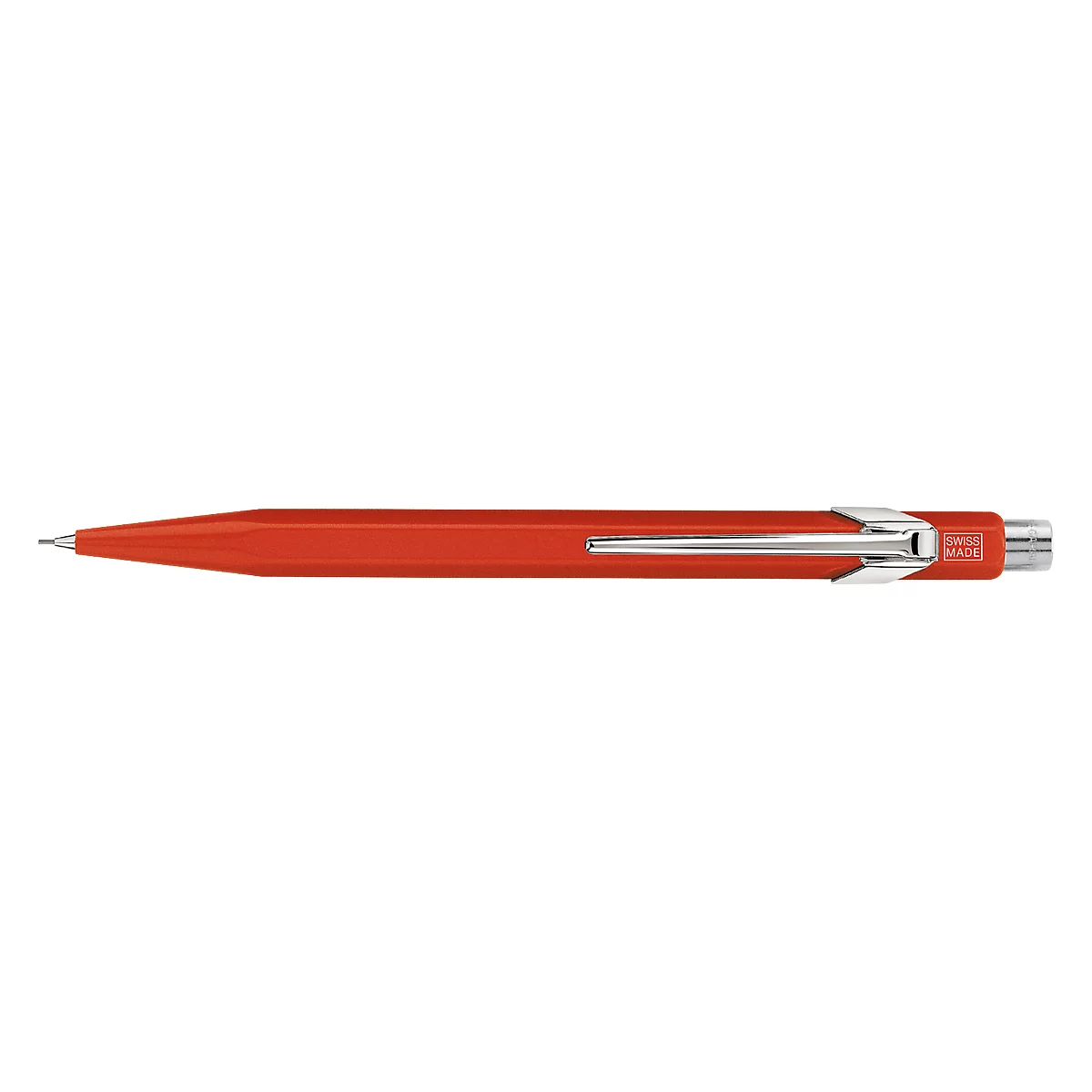Red ballpoint pen, silver clip.