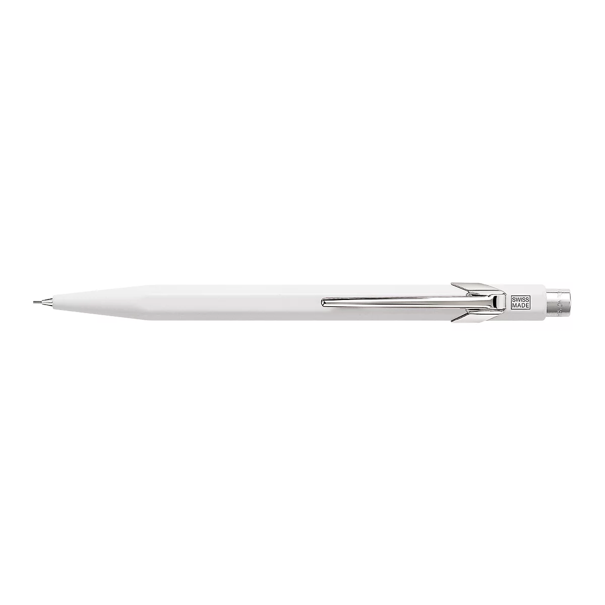 White pen, silver clip. There is an engraved logo on the side of the pen.