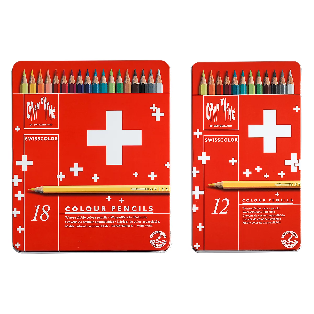 Two red pencil boxes with colored pencils. Swiss cross, "18 Colour Pencils" and "12 Colour Pencils" are written on it.