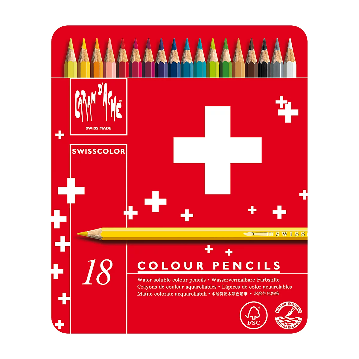 Red crayon box with 18 colored pencils. Top: colored pencils. Swiss logo.