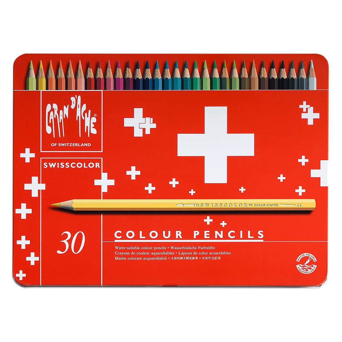 Red box of 30 colored pencils, Swiss crosses and lettering: "Carand'Ache", "Swisscolor", "Colour Pencils".