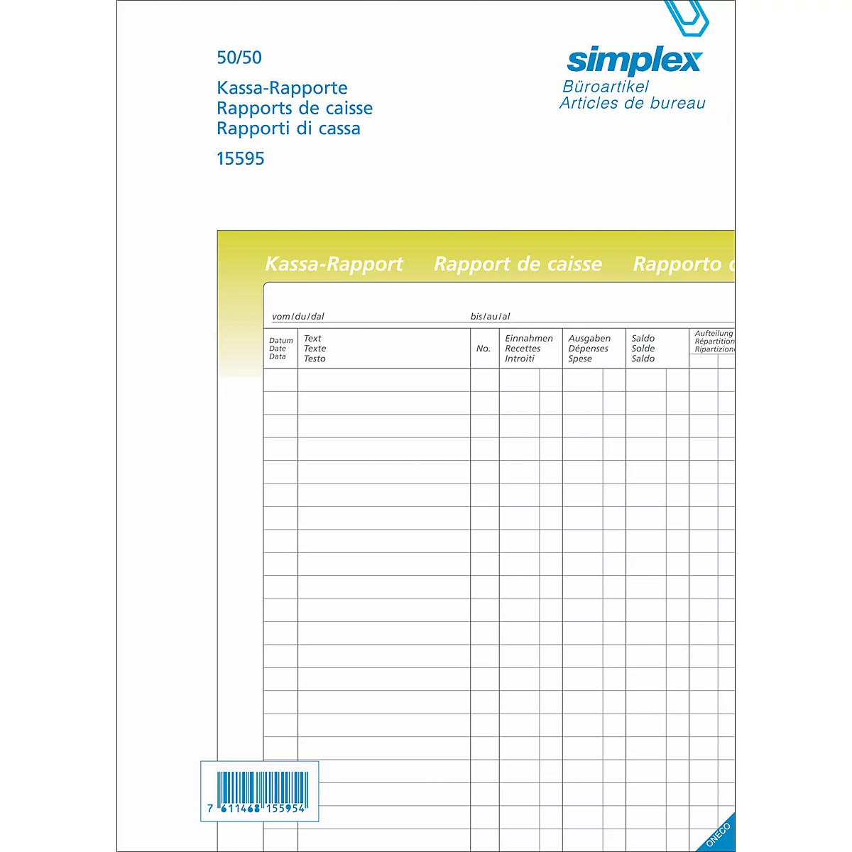 Cash report with columns and rows. At the top is "Simplex office supplies".