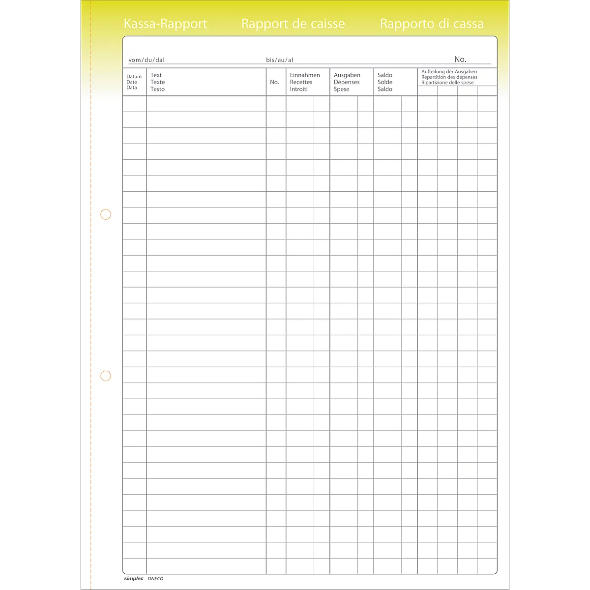 A blank cash report form with columns for data and details, headings in German, French, and Italian.