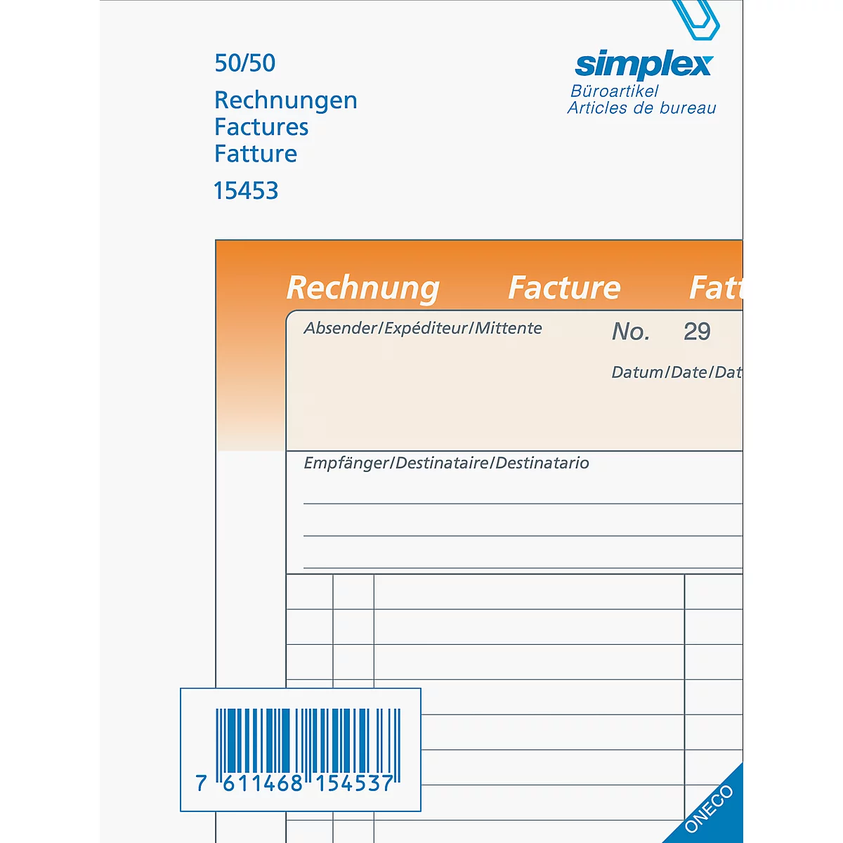 A white invoice form with text in multiple languages. "50/50" is at the top left, the "simplex" logo on the right.