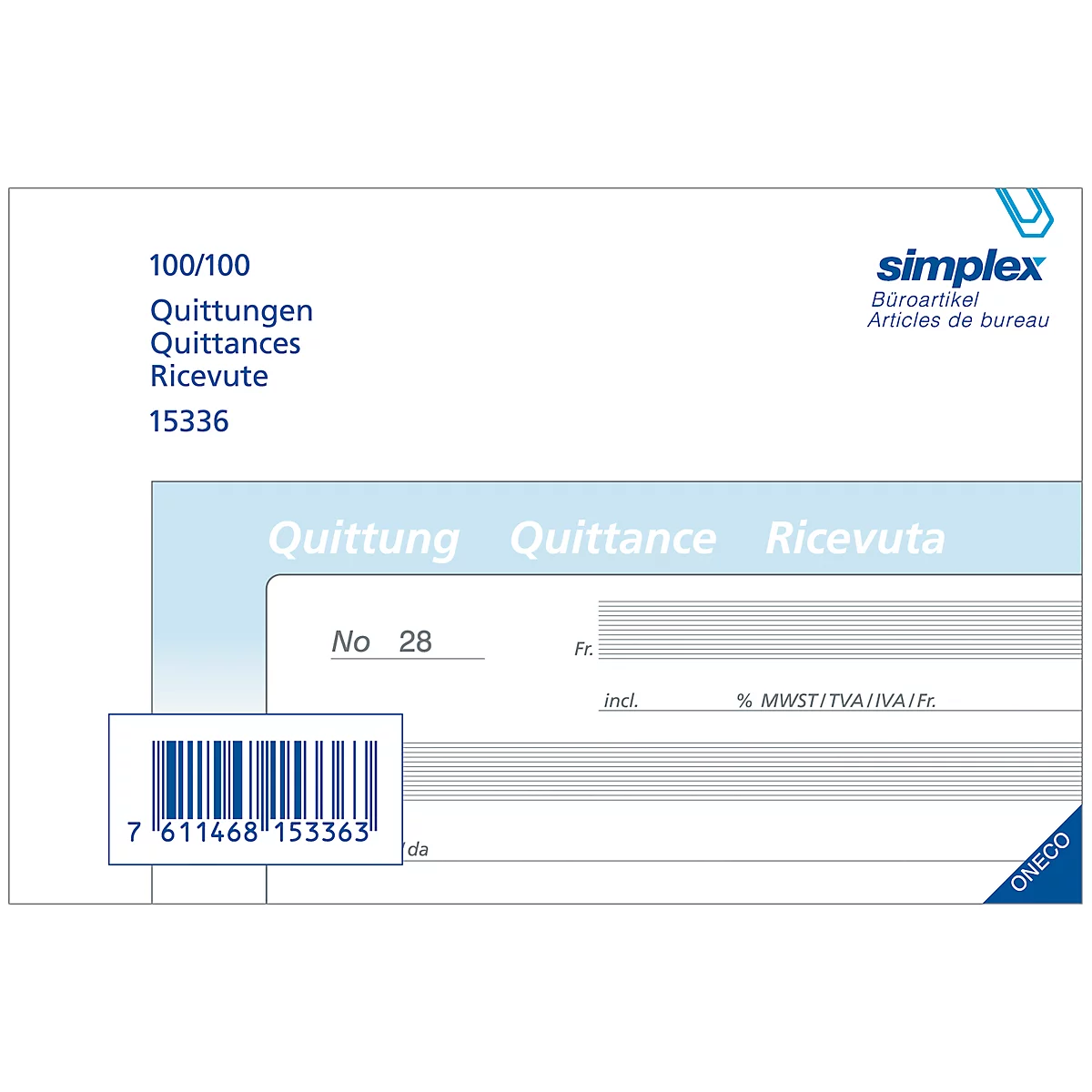 Close-up of a receipt pad with barcode and "simplex" logo.