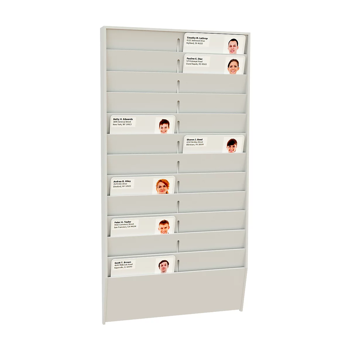 White wall-mounted rack with name tags and portraits. The name tags are arranged in rows.