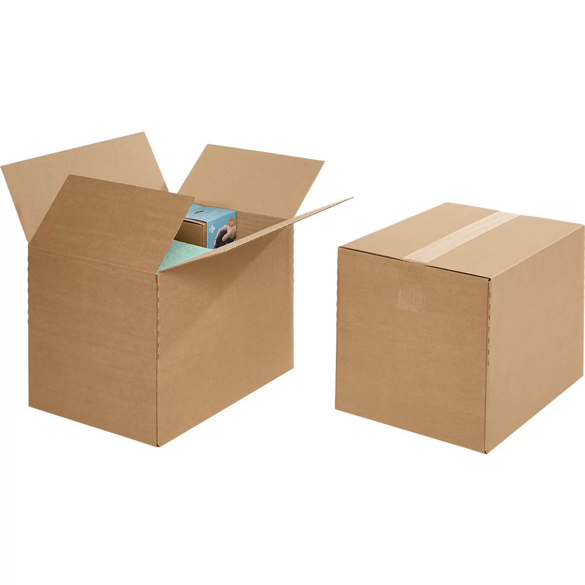 Two brown cardboard boxes, one open with contents, the other closed with tape.
