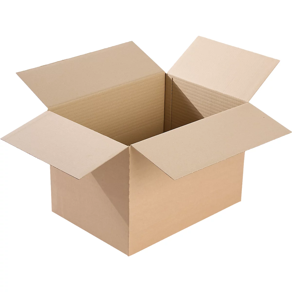 Open, brown cardboard box, top view.