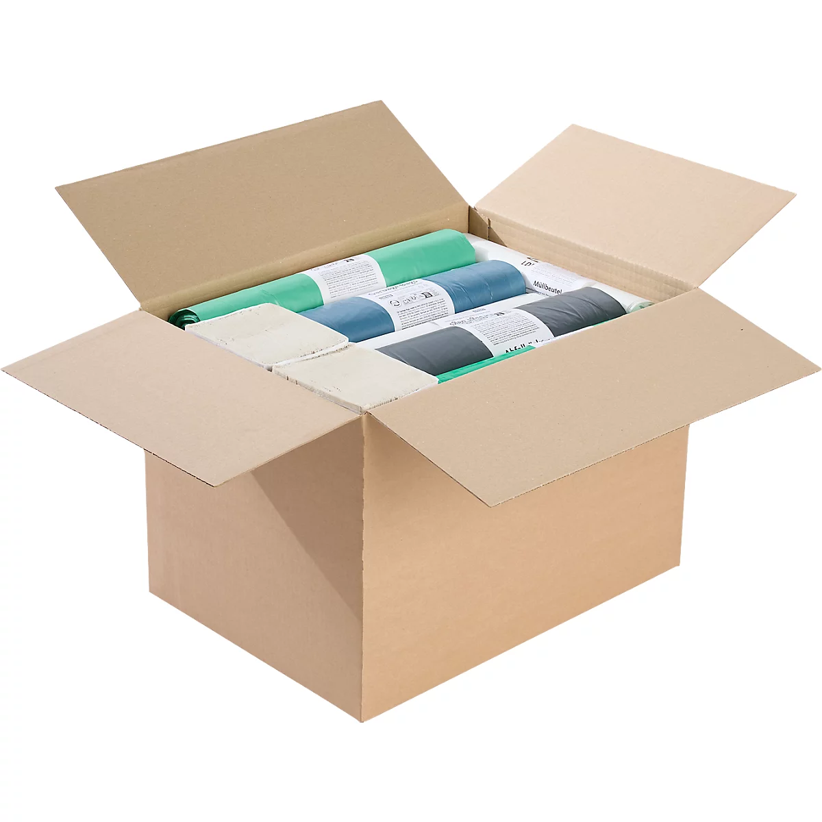 Open cardboard box containing rolled trash bags in various colors.