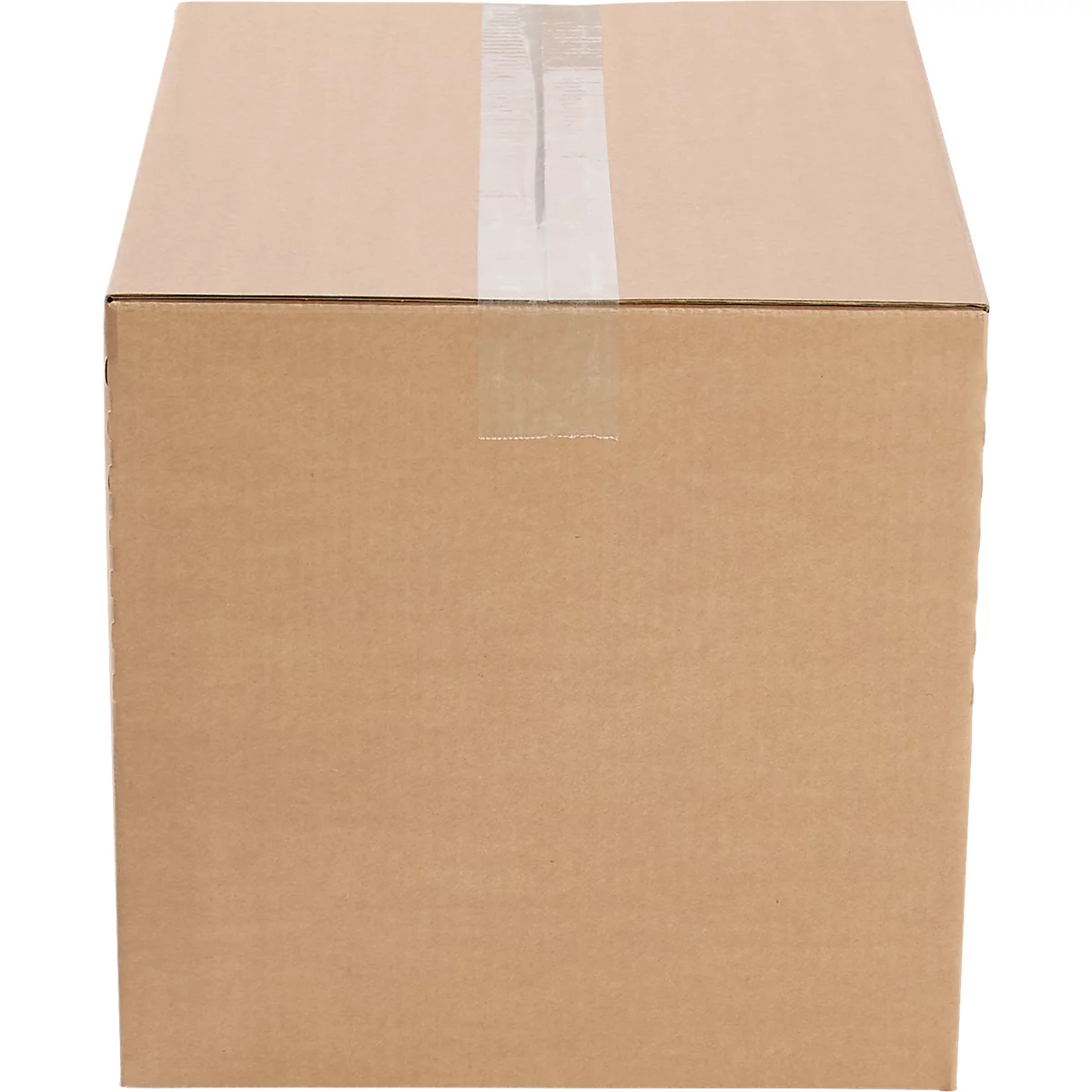A square cardboard box, brown with white tape sealing the top flap.