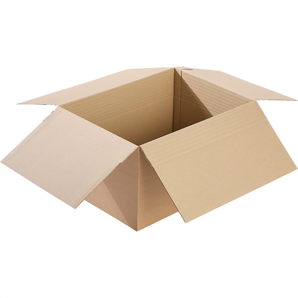 Opened, empty cardboard box made of brown cardboard. Flaps are sticking out.