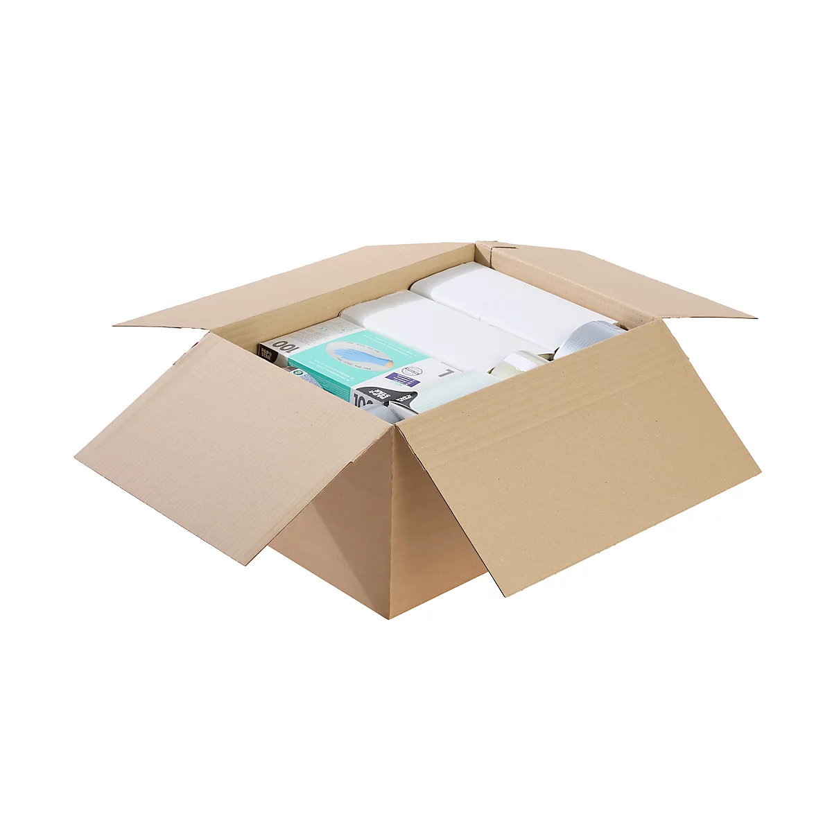 Open brown cardboard box with contents, including white rolls and packaged products.