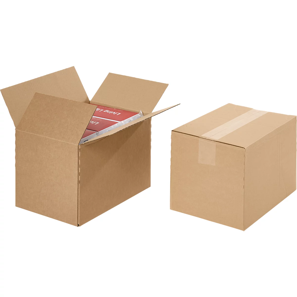 Two brown cardboard boxes, one open and filled with products, the other closed.