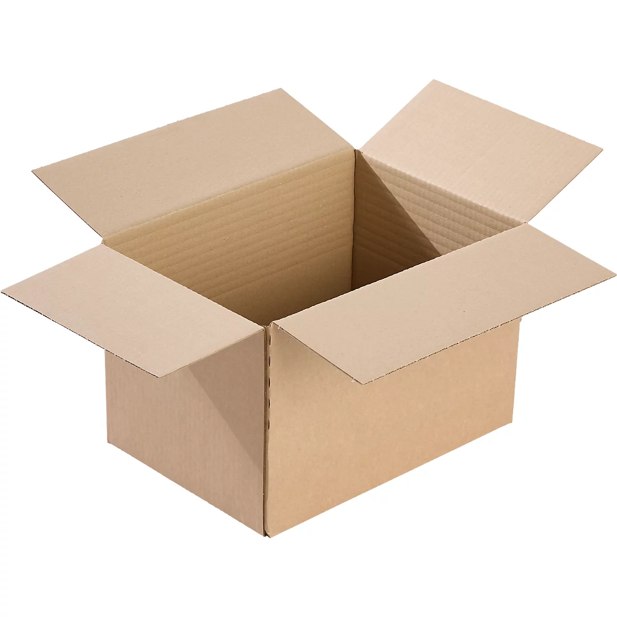 Open brown cardboard box with flaps open.