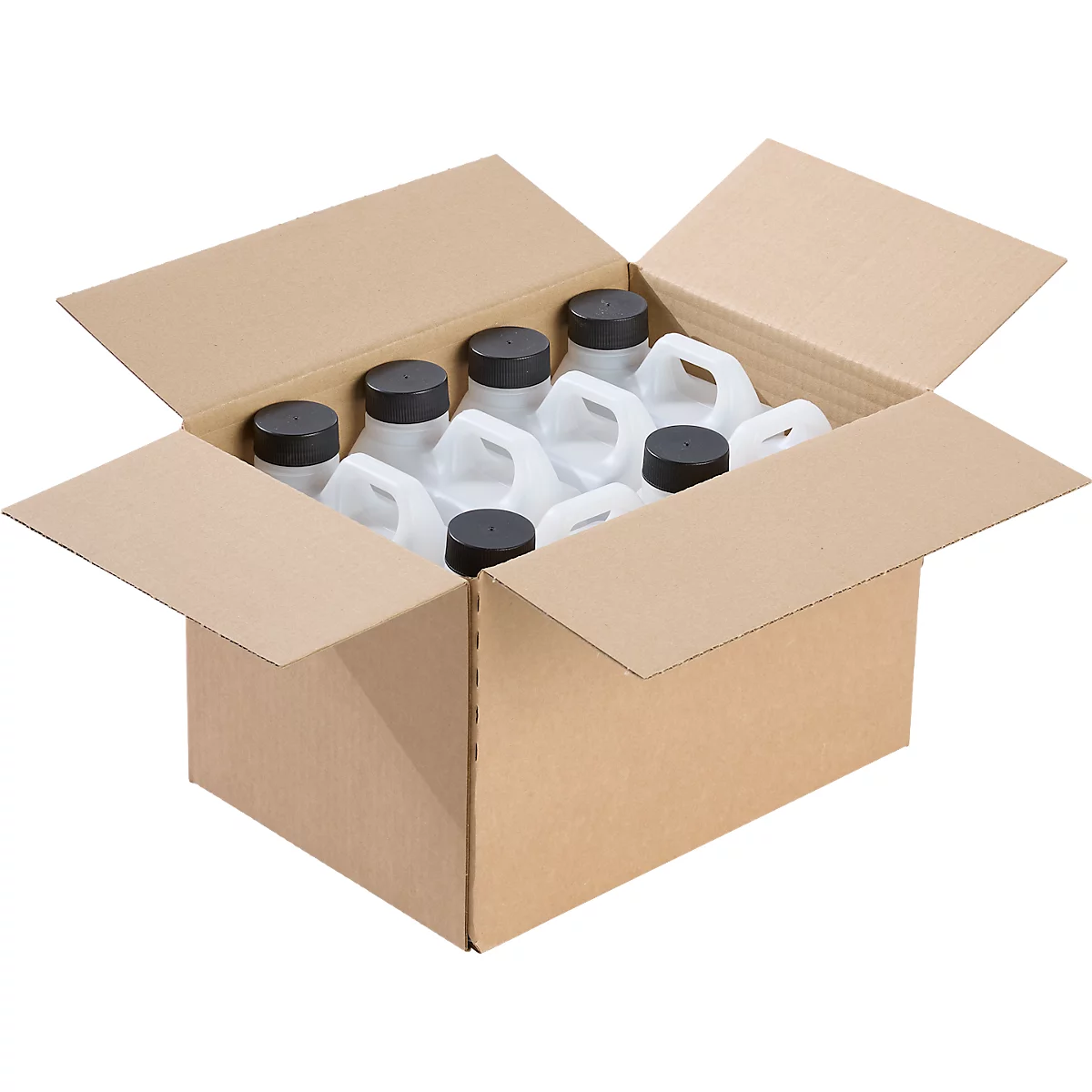 Box with canisters, capped with black lids.