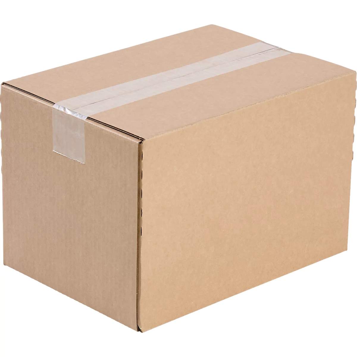 Cardboard box with tape. Brown box, a strip of tape runs across the top.