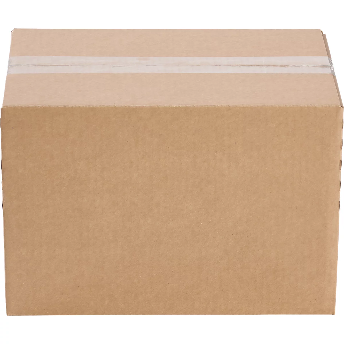 Cardboard box in shades of brown. It's sealed with two pieces of tape.