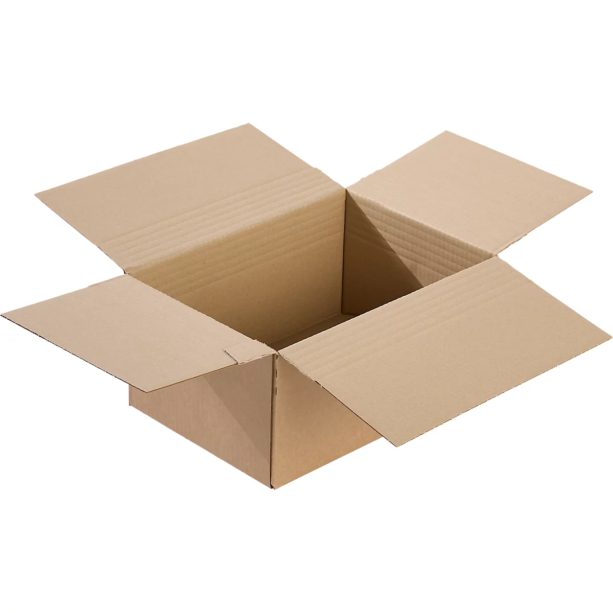 Open, empty cardboard box made of brown cardboard. The flaps are open.