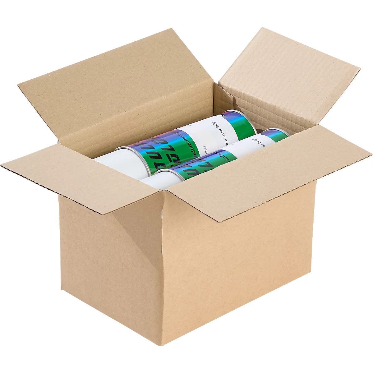 An open cardboard box with two rolled products partially visible.