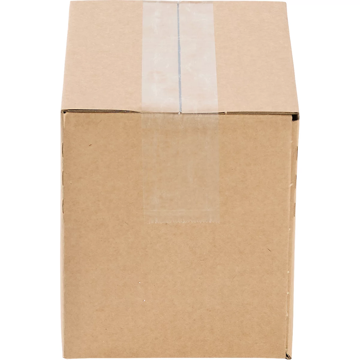 A square brown cardboard box, sealed on top with transparent tape.