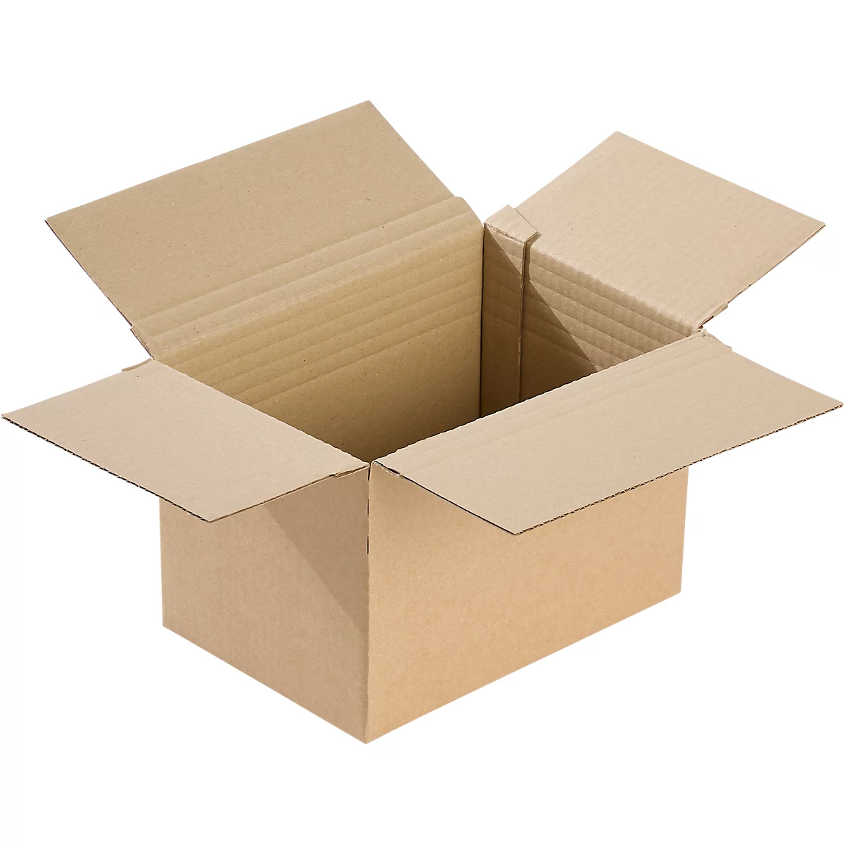 Open brown cardboard box with flaps up, top view.
