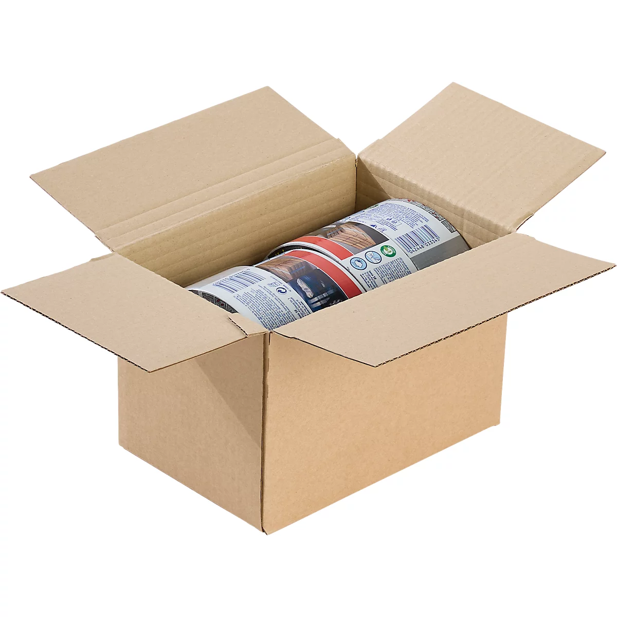An open cardboard box with a roll of packaged products.
