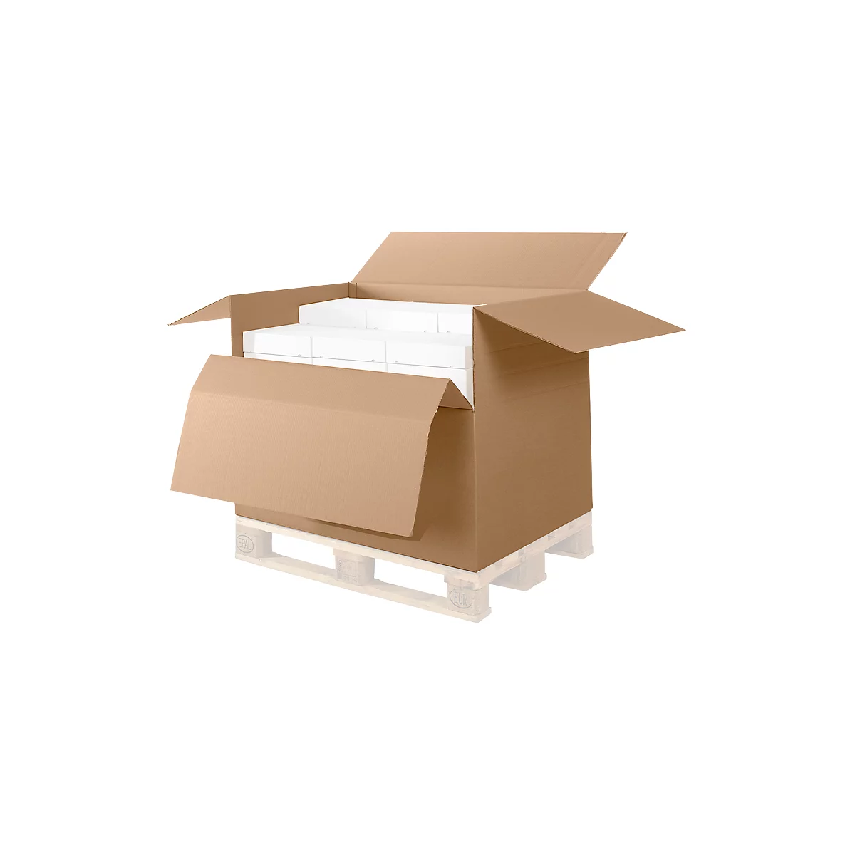 Open cardboard box on a pallet, filled with white packages.