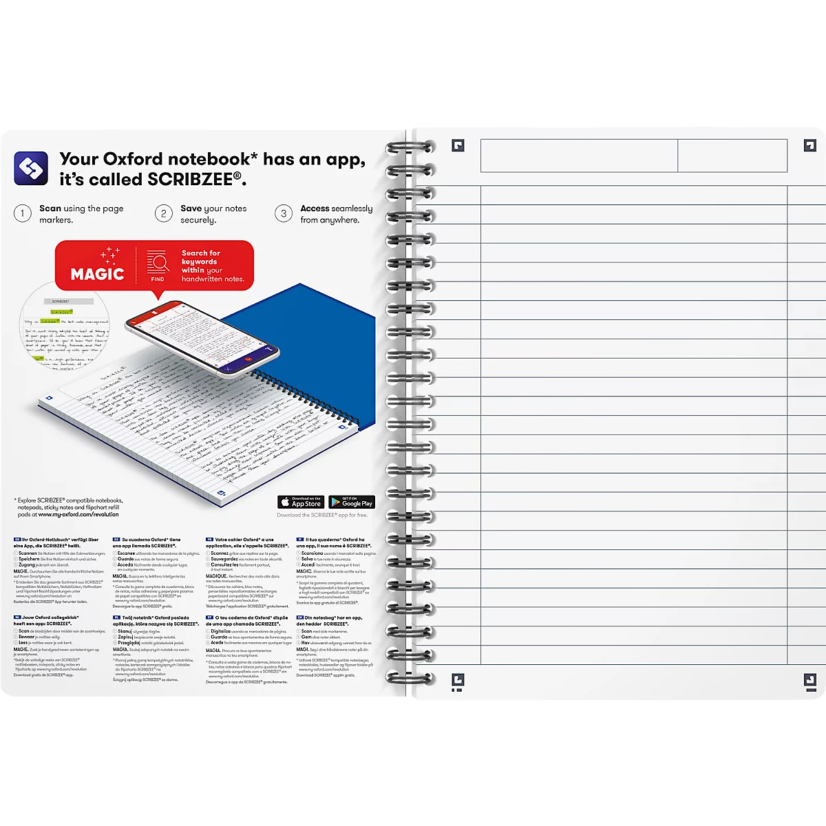 Carnet à spirales OXFORD Office Essentials A5, format A5, reliure double, 90 feuilles lignées, sans microperforation, blanc, compatible SCRIBZEE®, EU ECO Label, couverture noire, 5 pièces