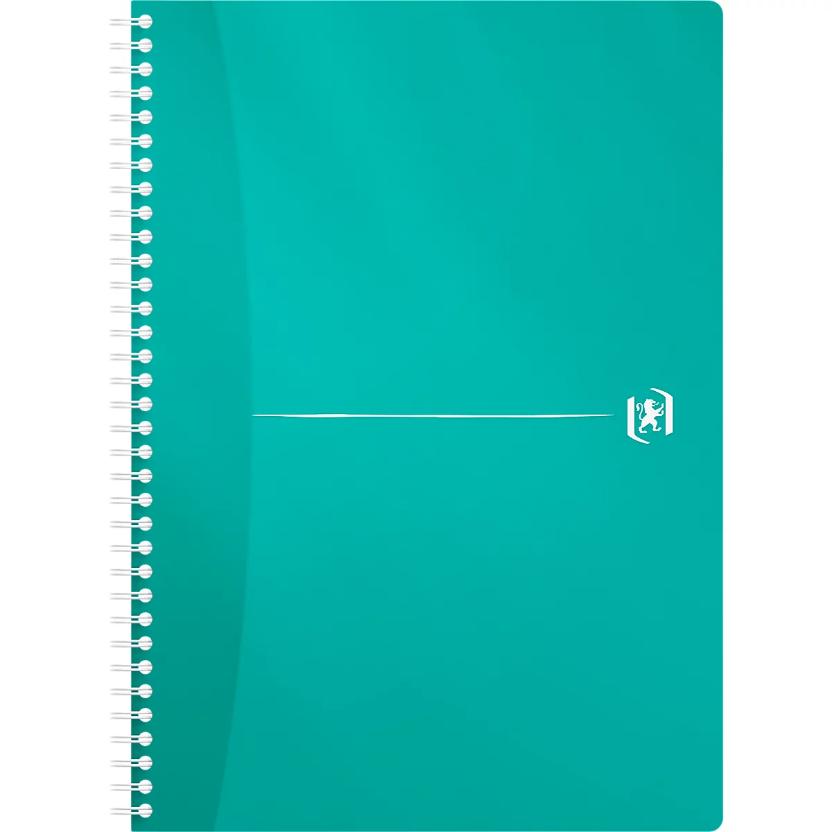 Cahier turquoise avec spirale. Logo en bas à droite. Ligne blanche horizontale.