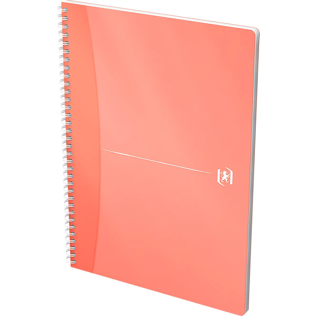Un cahier de couleur corail avec une reliure à spirale. Une ligne blanche et un logo sont représentés sur la face avant.