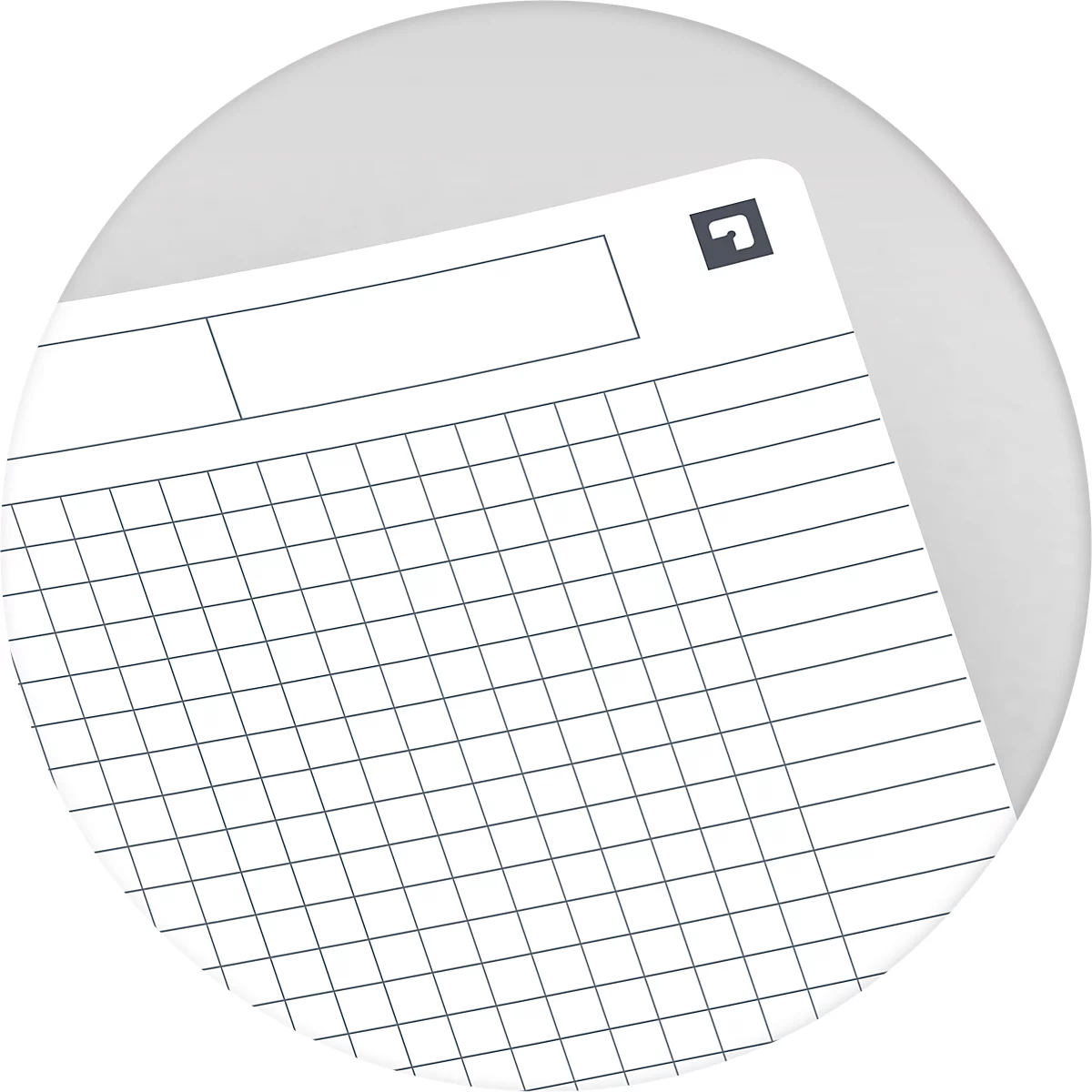 Gros plan d'un bloc-notes quadrillé avec des lignes grises et un logo dans le coin.