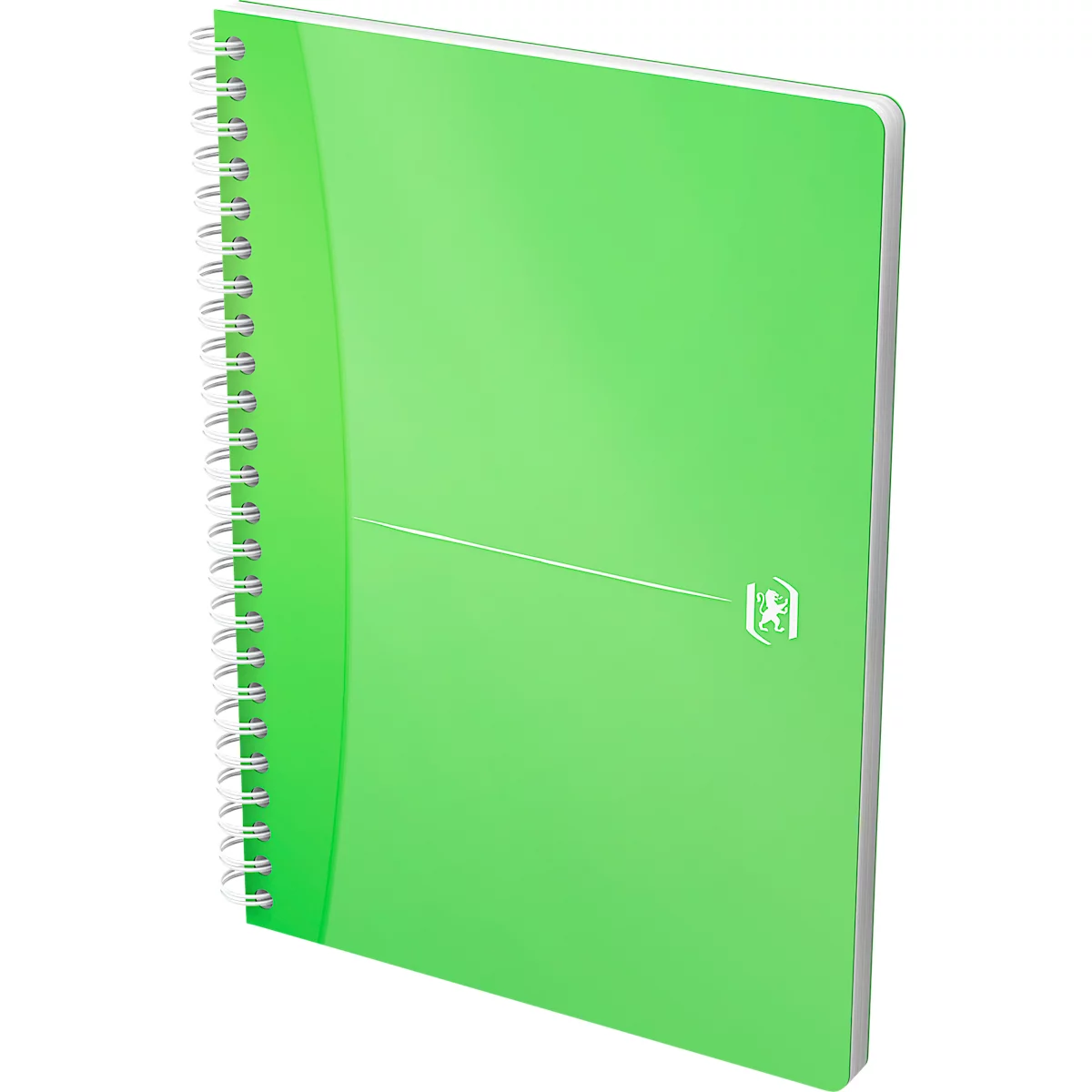 Un cahier vert avec une reliure à spirale blanche et un logo blanc en bas à droite.