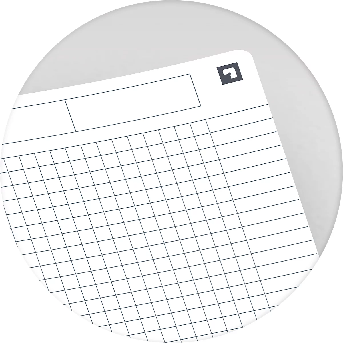 Gros plan sur une feuille de cahier quadrillée. En haut se trouve un champ, à côté un petit carré avec un symbole de flèche.