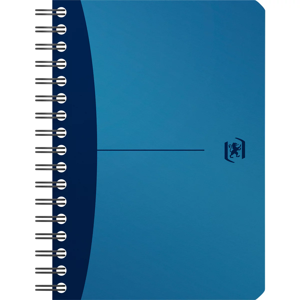 Cahier bleu à spirale. Bande bleu foncé à gauche, logo en bas à droite.