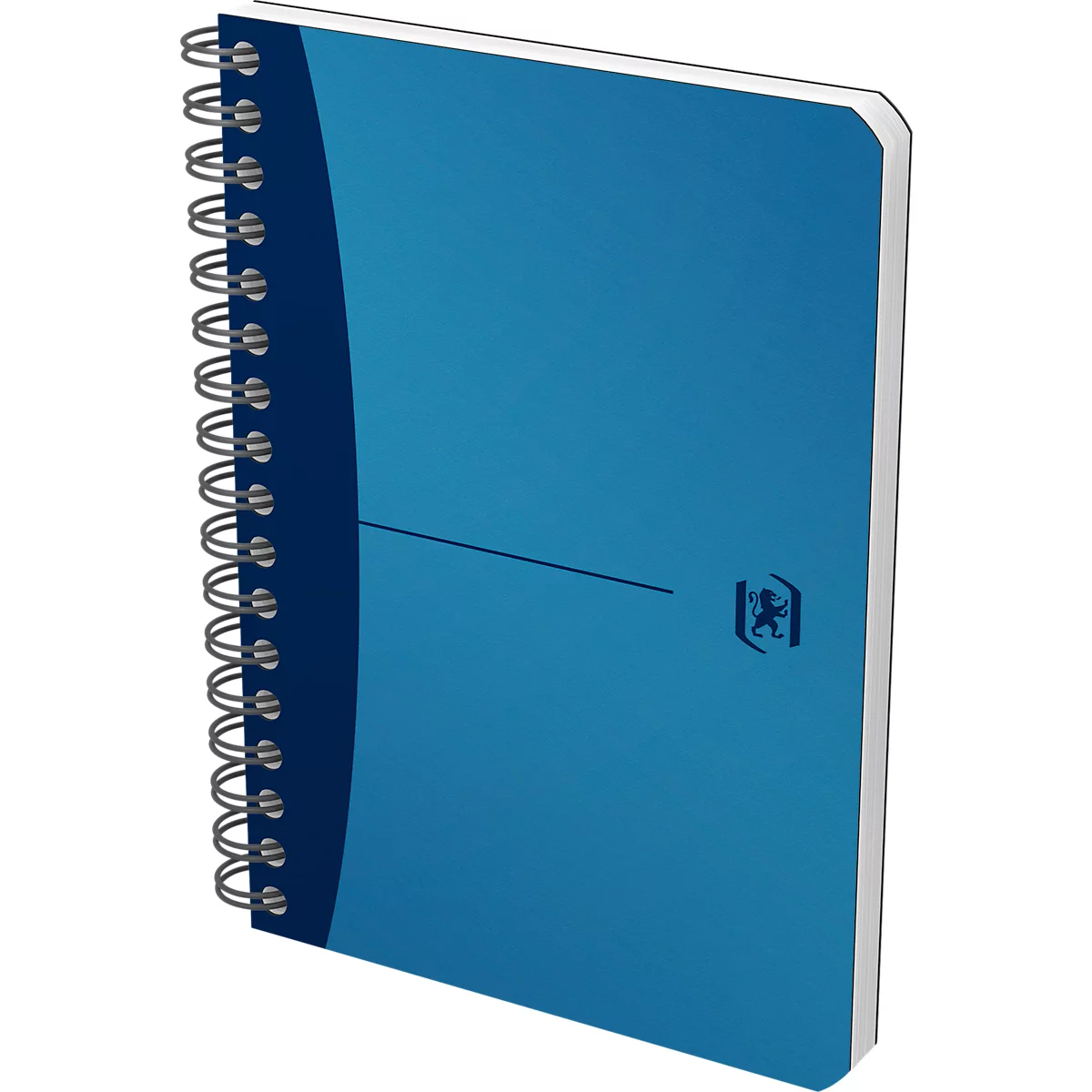 Cahier à spirales bleu avec logo et ligne sur la couverture.