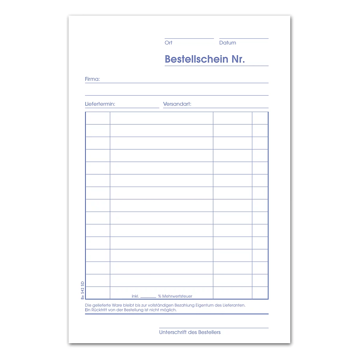Formulaire de commande blanc avec cadre bleu et textes tels que 'Bestellschein Nr.'