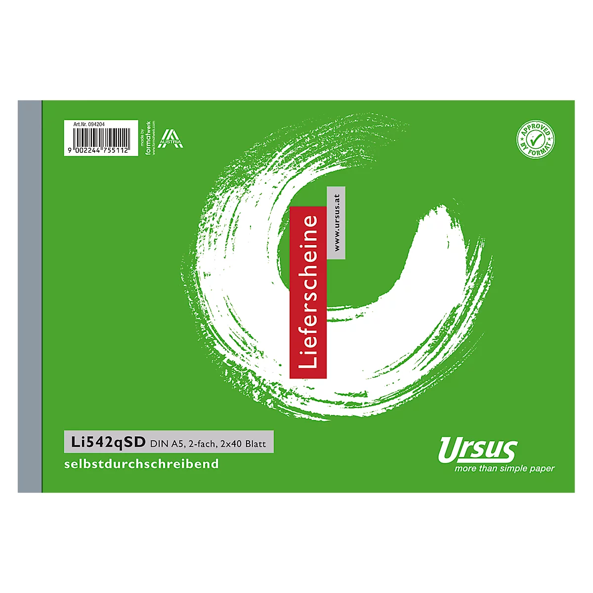 Bloc vert avec cercle au pinceau blanc. Rectangle rouge avec 'Lieferscheine'. Lettrage 'Ursus'.