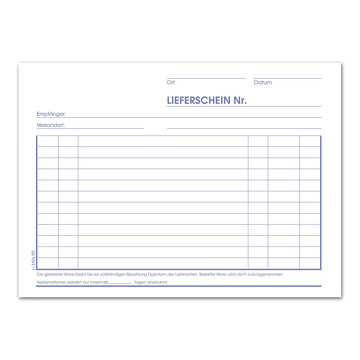 Un formulaire de livraison blanc avec un cadre bleu et l'inscription 'Lieferschein Nr.' (Bon de livraison n°).