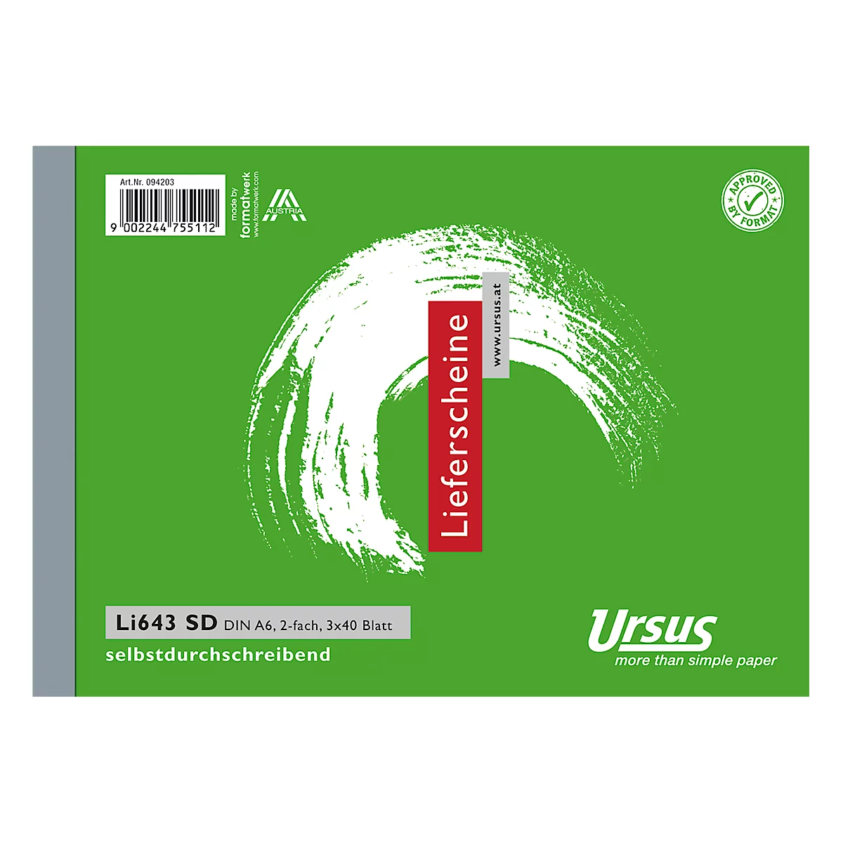 Un cahier vert avec le mot Lieferscheine en rouge, texte : Li643 SD, Ursus.