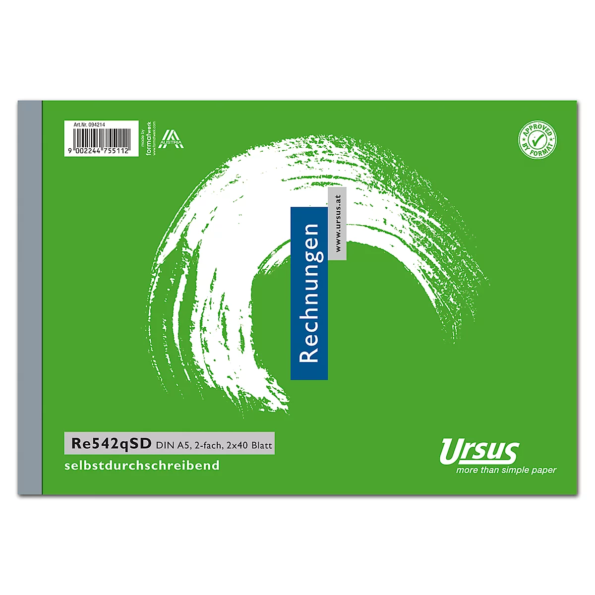 Carnet de factures vert avec motif abstrait blanc, étiquette "Rechnungen", logo "Ursus". DIN A5, autocopiant.