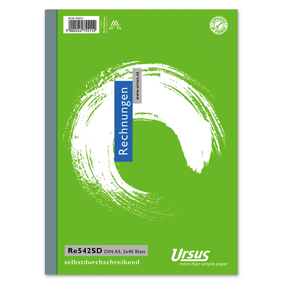 Carnet de factures vert avec un coup de pinceau blanc et du texte bleu. Inscriptions "Rechnungen", nom du produit et logo en bas à droite.