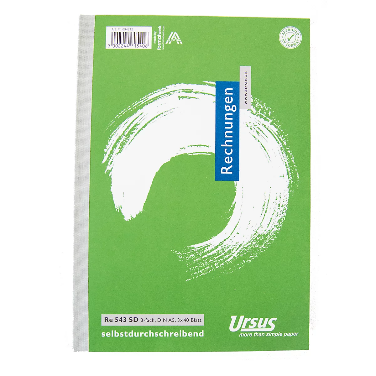 Carnet de factures vert avec motif blanc. Texte "Ursus" à droite.