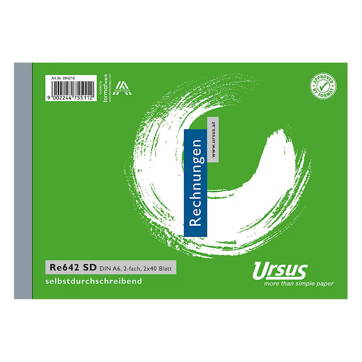 Bloc de factures vert avec logo cercle blanc et lettrage bleu "Rechnungen". Bordure grise à gauche, info produit en bas.