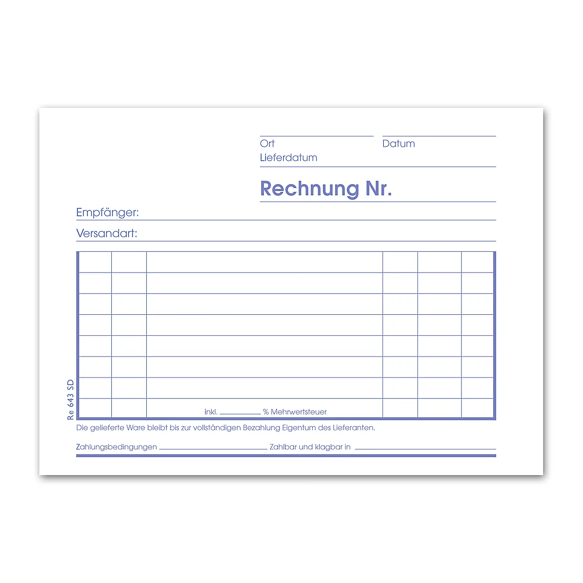Facture, papier blanc avec texte bleu : Rechnung Nr. et champs pour les détails.