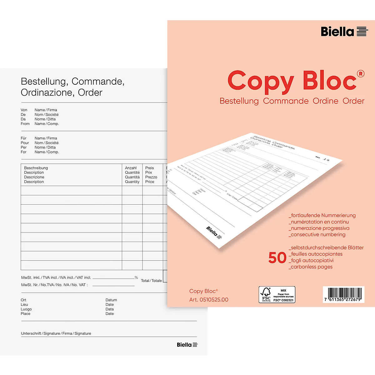 Un bloc Copy Bloc rose avec un bon de commande blanc. L'emballage indique "Copy Bloc" et "Bestellung Commande Ordine Order".